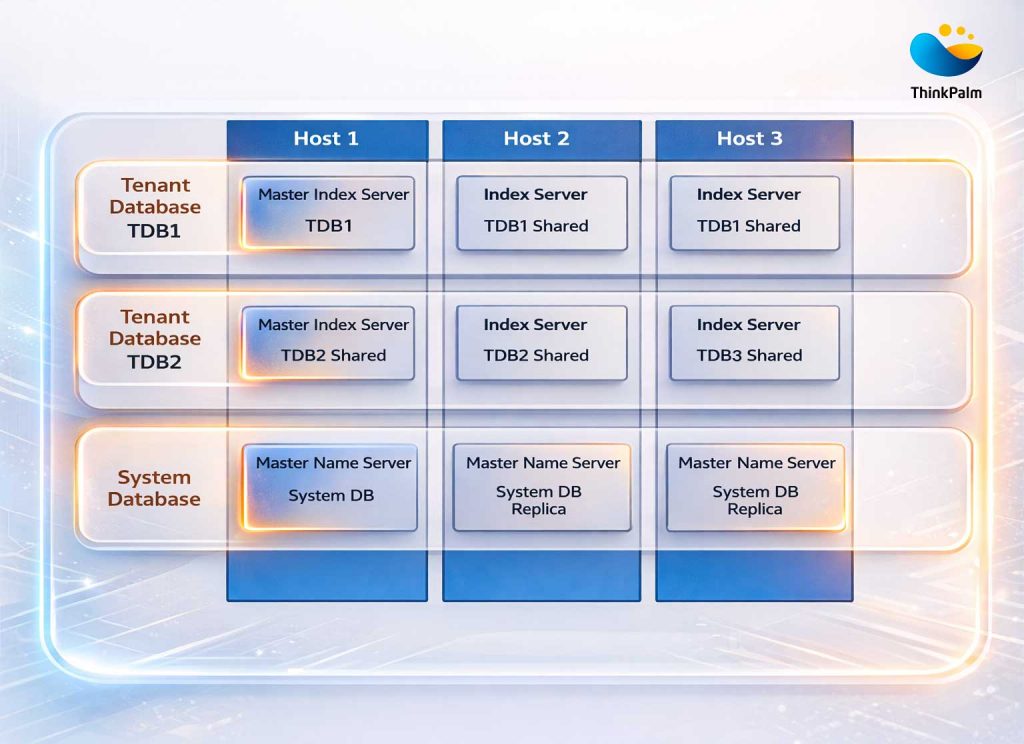 SAP HANA multi-tenant database container architecture across multiple hosts.